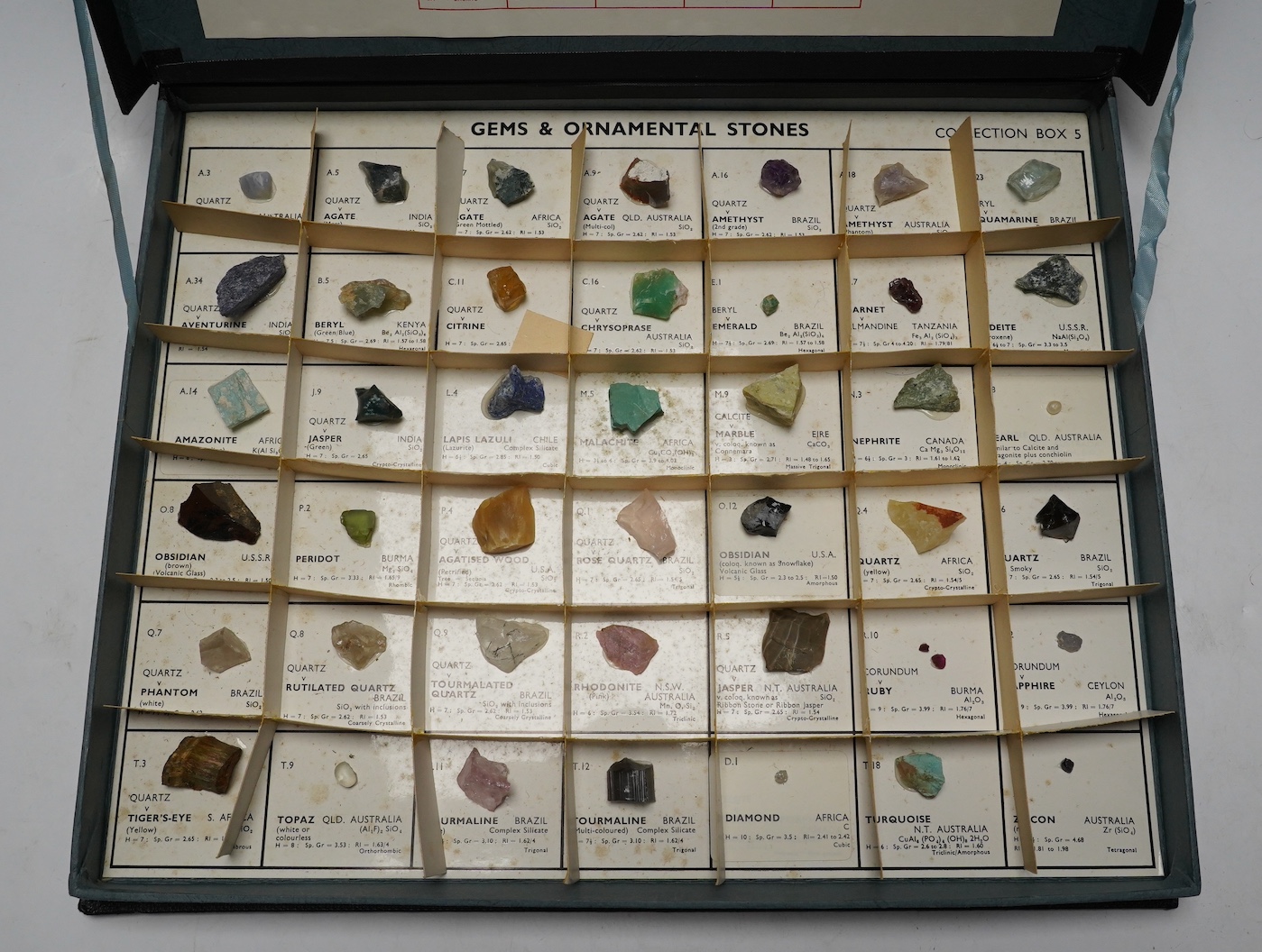 A case of uncut gems and ornamental stones, including diamond, amethyst, nephrite, malachite, rutilated quartz, etc. Fair condition.